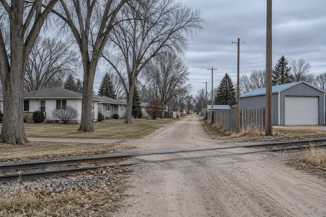 Older Minnesota railroad town street with mid-century homes, mature trees and a grade crossing