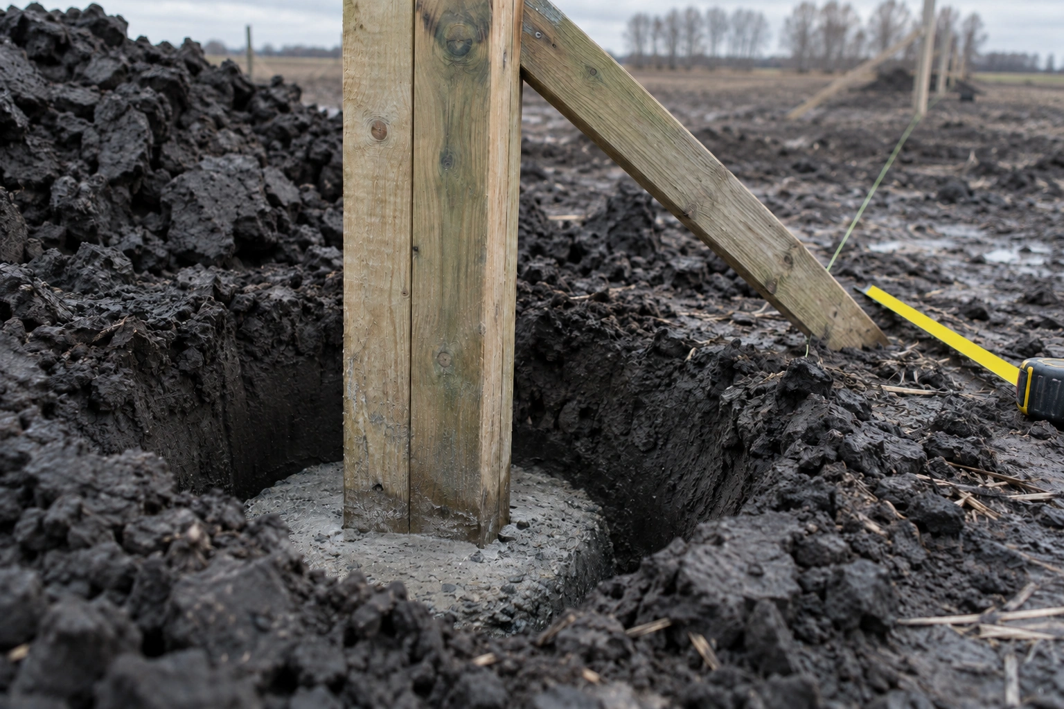 Laminated timber column standing plumb in a freshly augered hole in wet black clay with a temporary brace