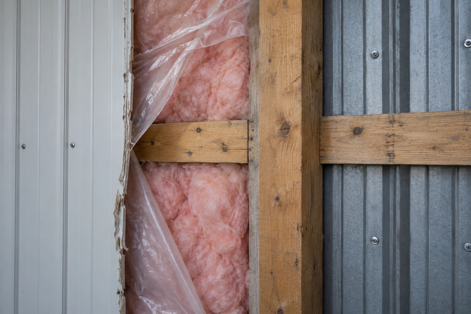 Bright insulated pole barn interior with white steel liner panels, sealed slab and a unit heater in the corner