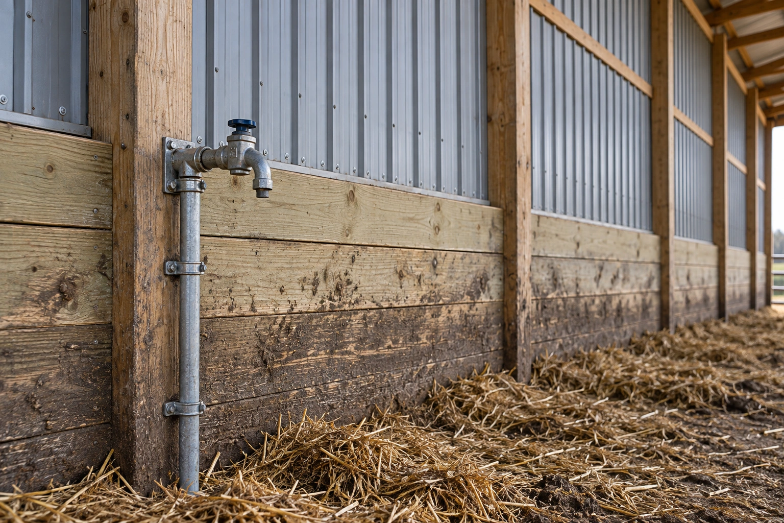 Post-frame livestock barn with open sidewall and ridge vent beside a cattle lot in Cass County