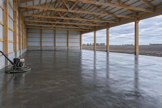 Freshly poured concrete slab inside a completed post-frame shell with columns standing through it