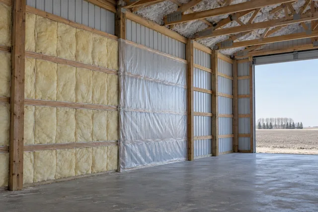 Post-frame wall part insulated with batt between girts and a poly vapour retarder stapled over the finished section