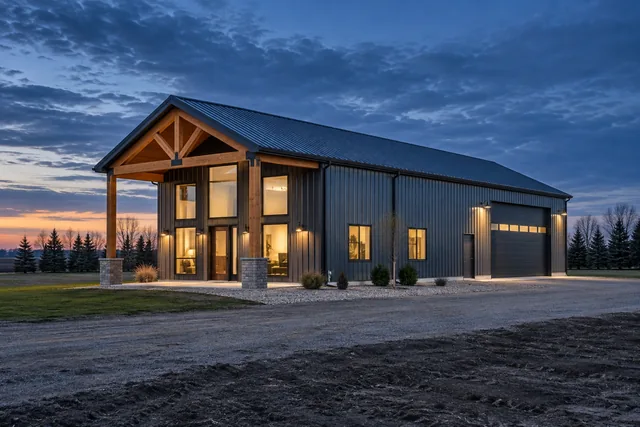 Barndominium exterior at dusk with lit residential windows at one end and a shop overhead door at the other
